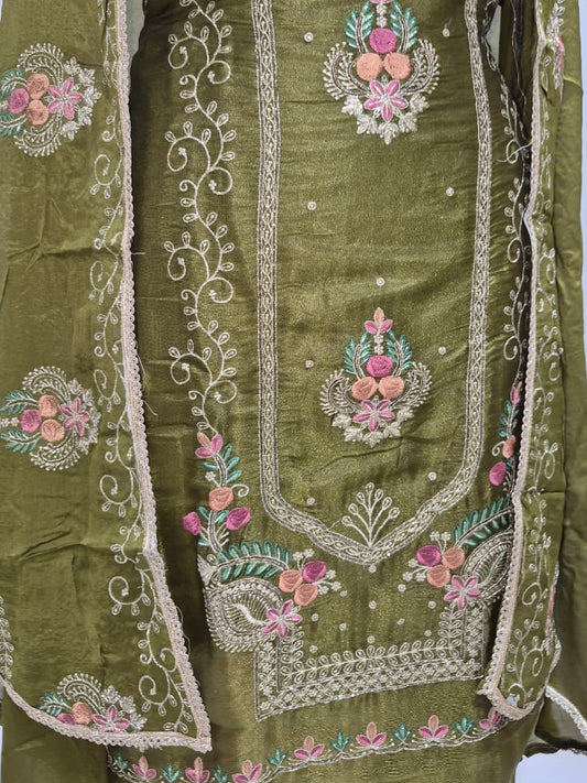 Olive Green Glass Silk Suit with Floral Embroidery