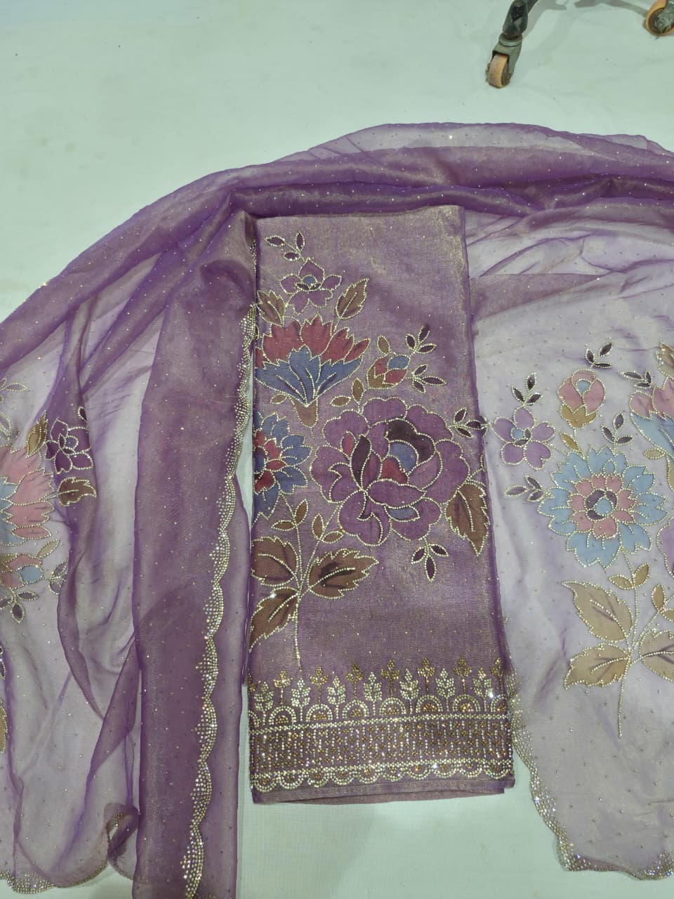 Dusty Lavender Lilac Glass Silk Suit with Floral Embroidery