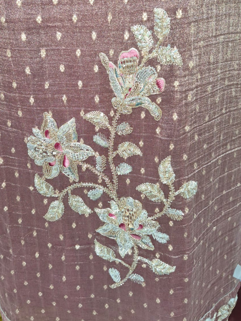 Copper Rust Banarsi Silk Suit with Embroidered Organza Dupatta