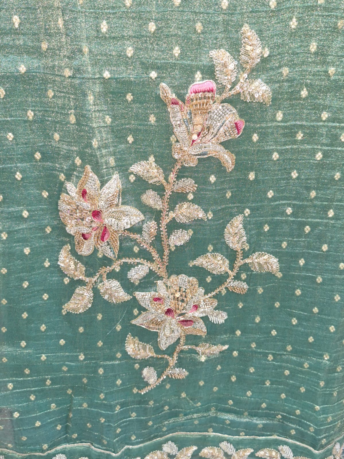 Seafoam Mint Banarsi Silk Suit with Embroidered Organza Dupatta