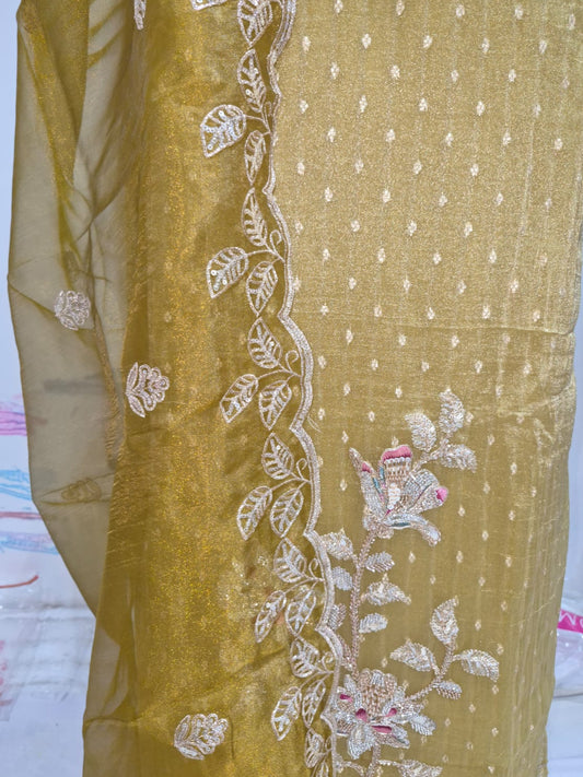 Antique Gold Yellow Banarsi Silk Suit with Embroidered Organza Dupatta