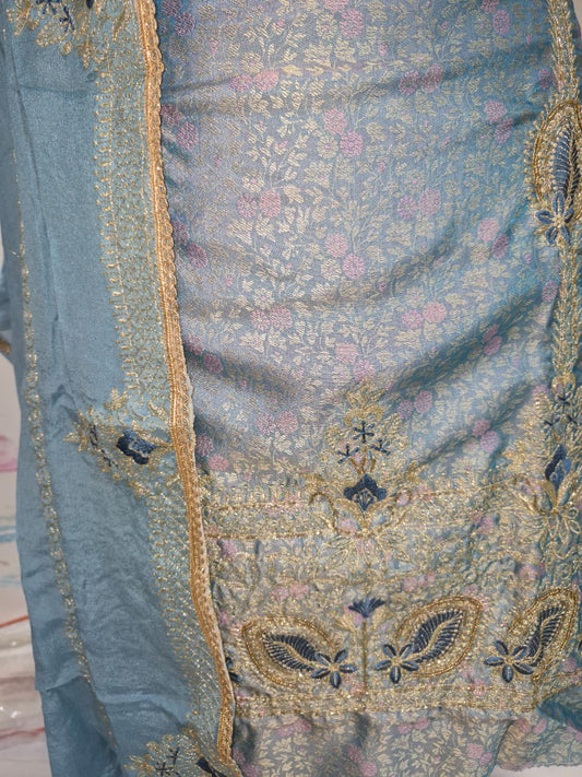 Powder Sky Blue Kheen Khwab Silk Suit with Kadhai Work
