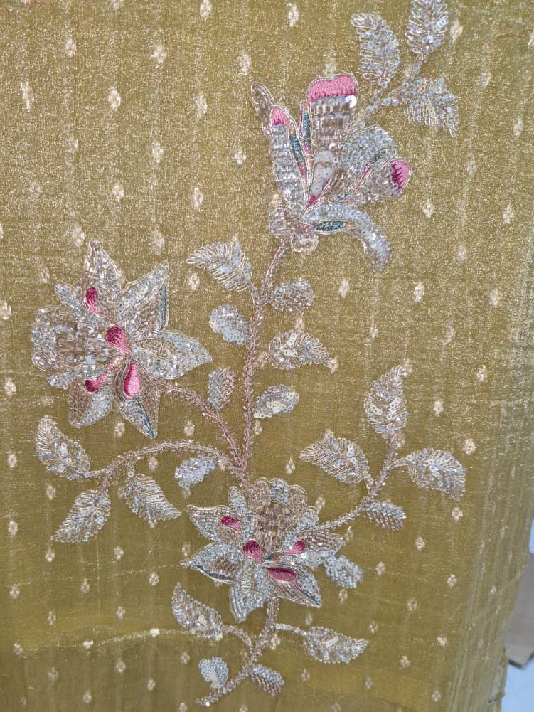Antique Gold Yellow Banarsi Silk Suit with Embroidered Organza Dupatta