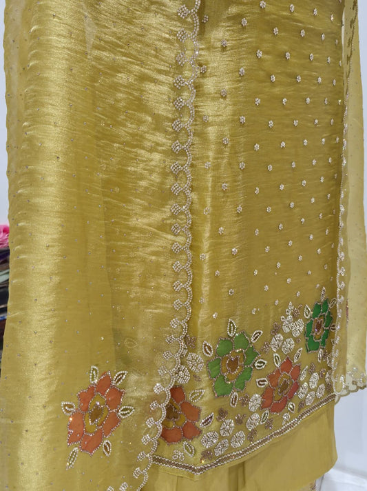 Pistachio Yellow-Green Unstitched Suit with Floral Embroidery