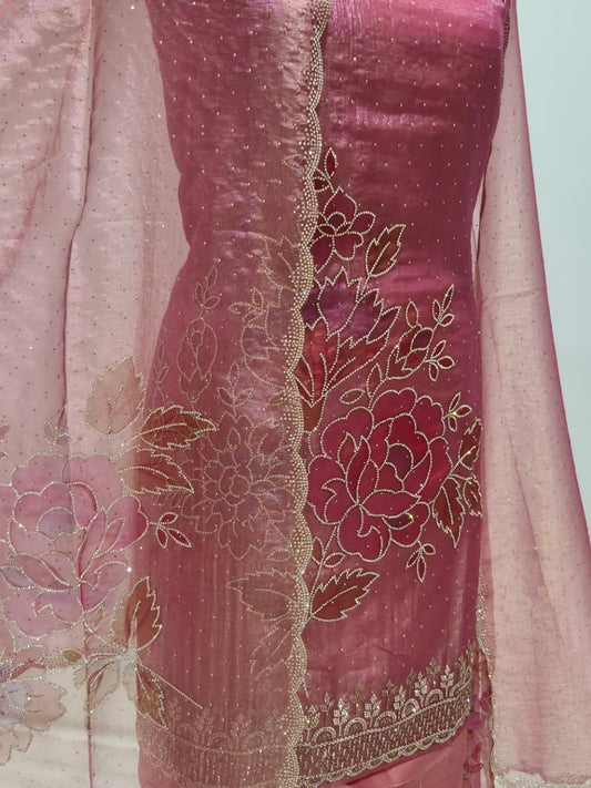 Mauve Pink Glass Silk Suit with Swarovski Work
