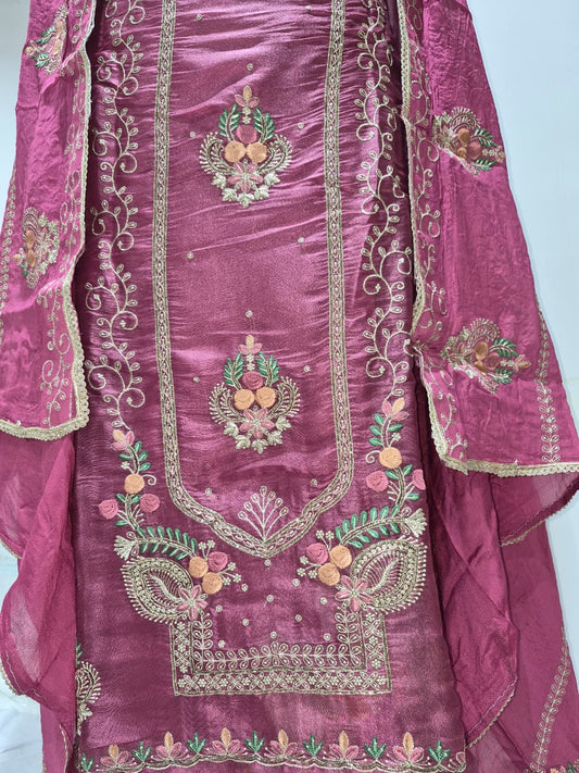 Berry Magenta Glass Silk Suit with Floral Embroidery