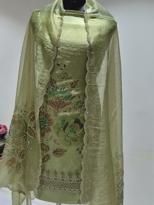 Sage Mint Green Glass Silk Suit with Swarovski Work