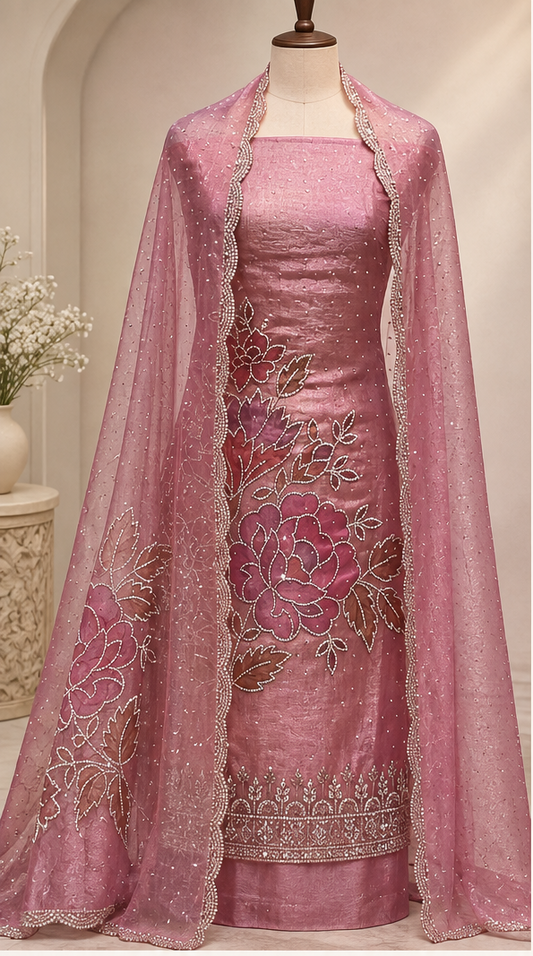 Mauve Pink Glass Silk Suit with Swarovski Work