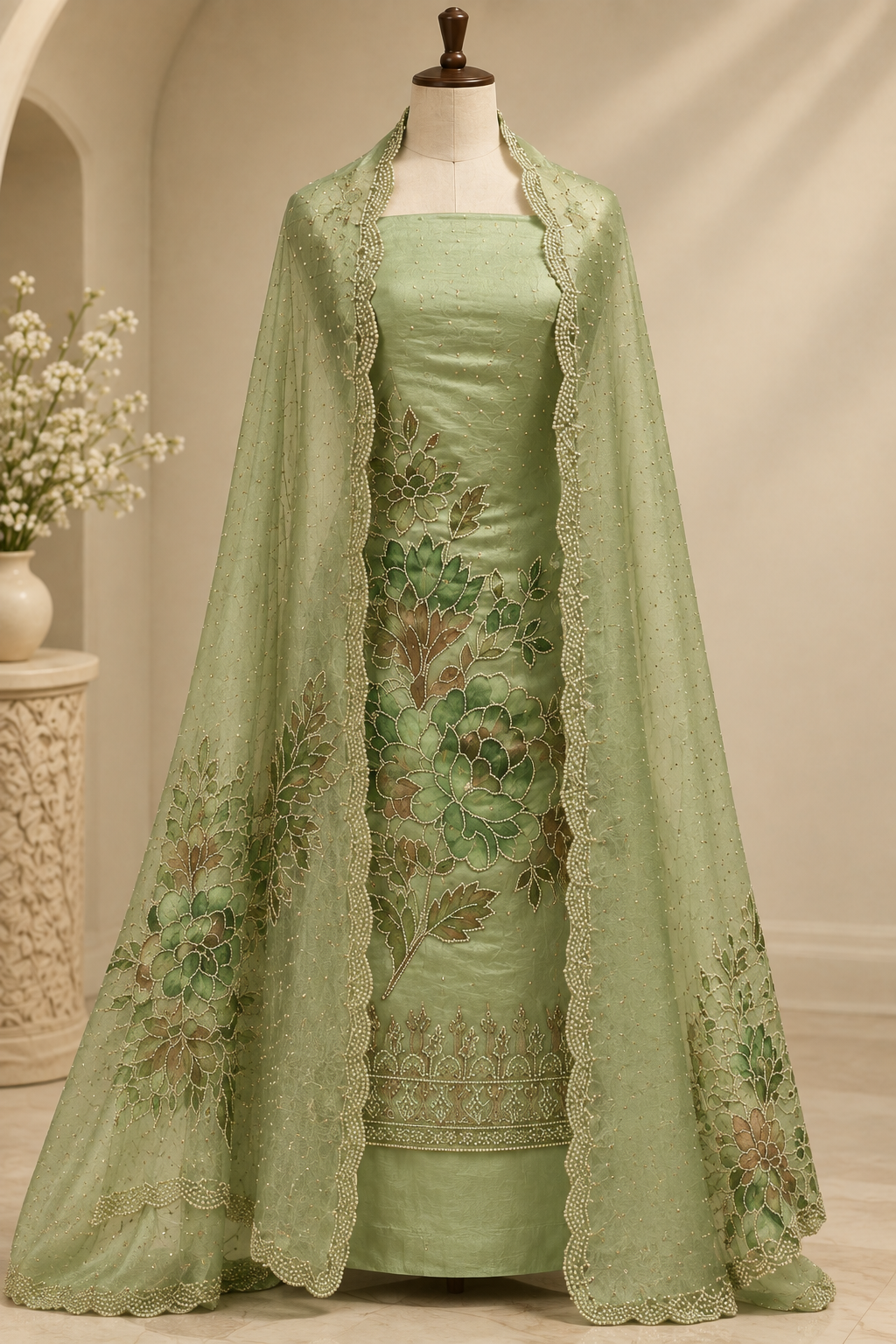 Sage Mint Green Glass Silk Suit with Swarovski Work