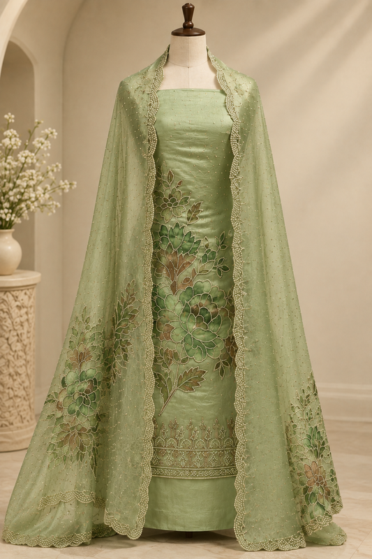 Sage Mint Green Glass Silk Suit with Swarovski Work