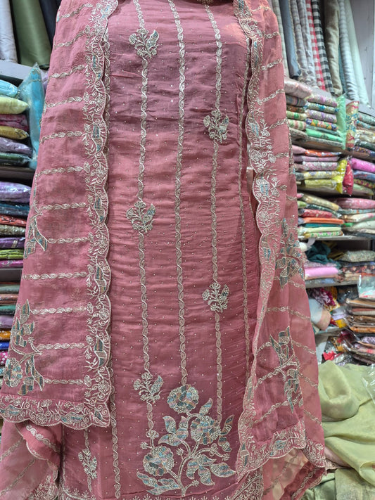 Dusty rose glass organza floral embroidery