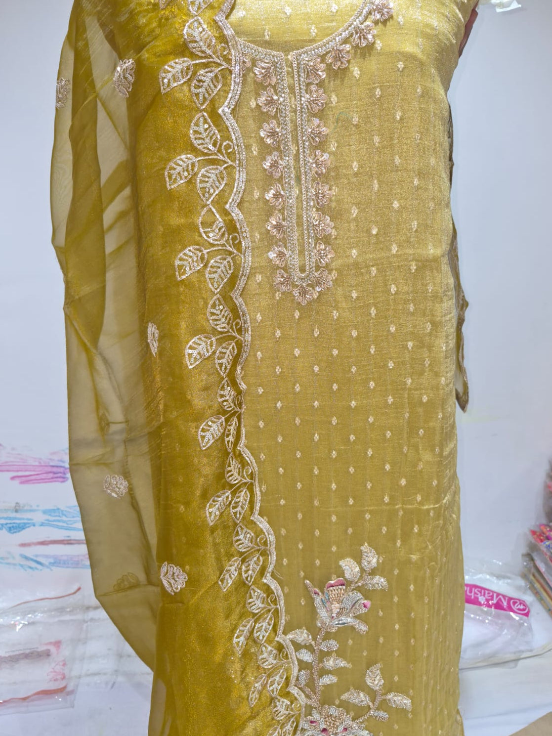 Antique Gold Yellow Banarsi Silk Suit with Embroidered Organza Dupatta