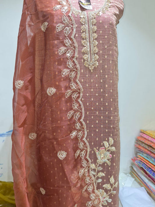 Copper Rust Banarsi Silk Suit with Embroidered Organza Dupatta