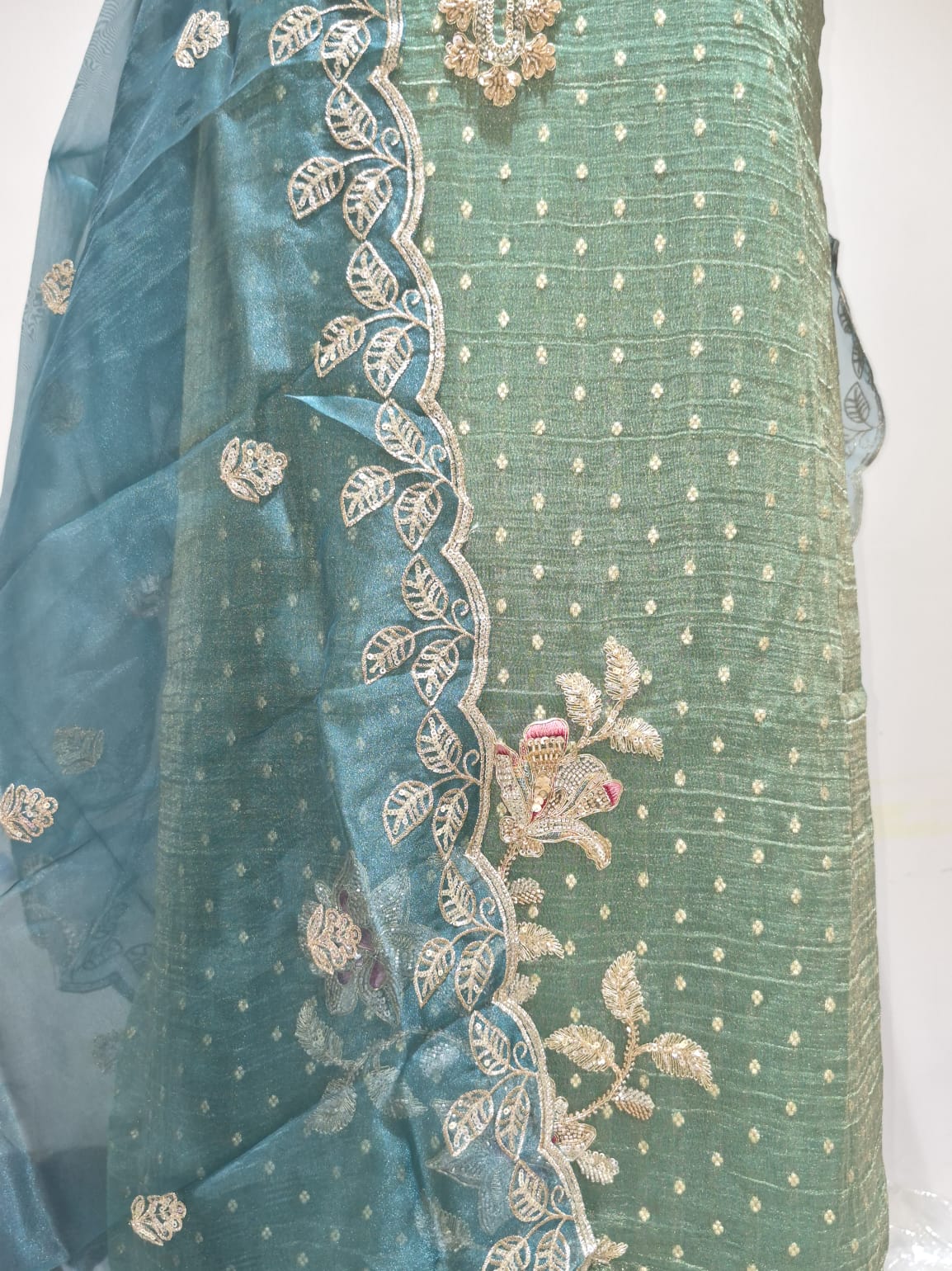 Seafoam Mint Banarsi Silk Suit with Embroidered Organza Dupatta