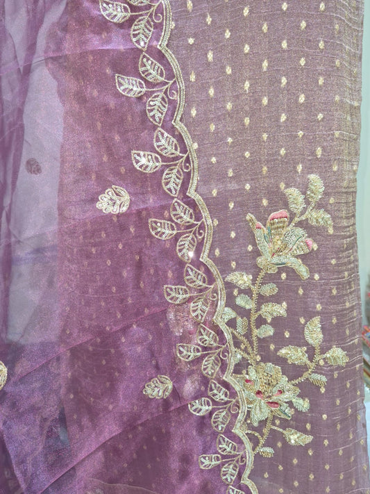 Dusty Lavender Purple Banarsi Silk Suit with Embroidered Organza Dupatta