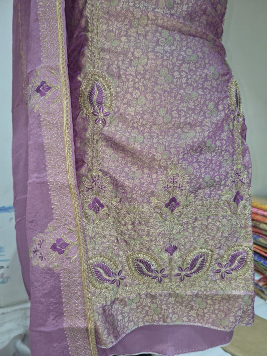 Dusty Mauve Lavender Kheen Khwab Silk Suit with Kadhai Work