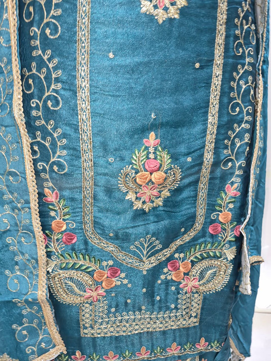 Deep Teal Blue Glass Silk Suit with Floral Embroidery