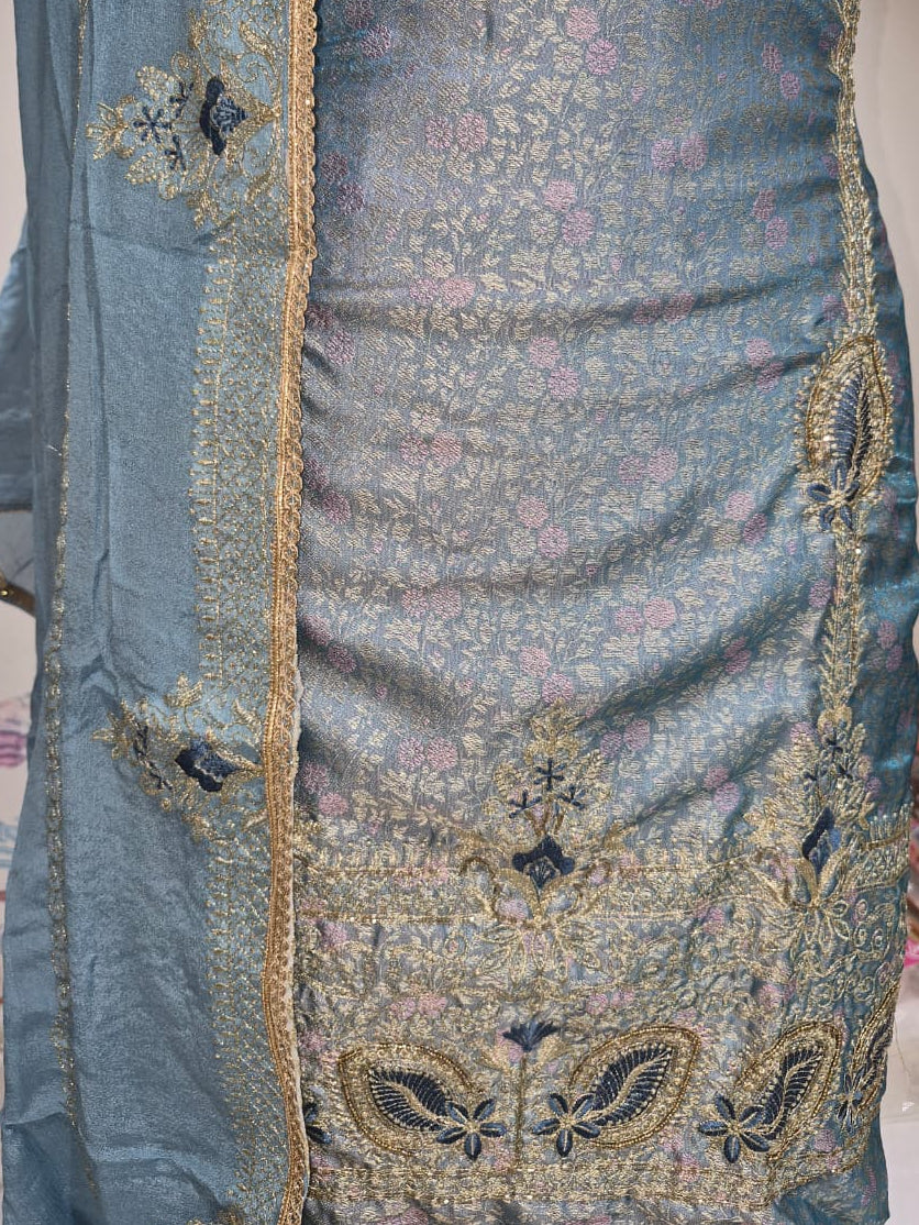 Powder Sky Blue Kheen Khwab Silk Suit with Kadhai Work