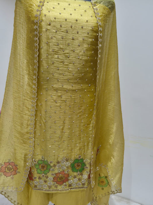 Pistachio Yellow-Green Unstitched Suit with Floral Embroidery