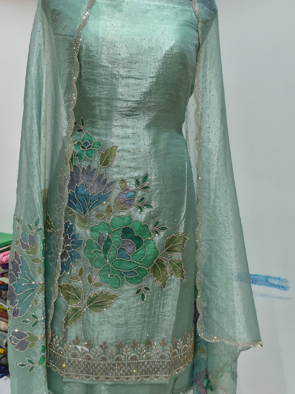 Seafoam Mint Green Glass Silk Suit with Floral Embroidery