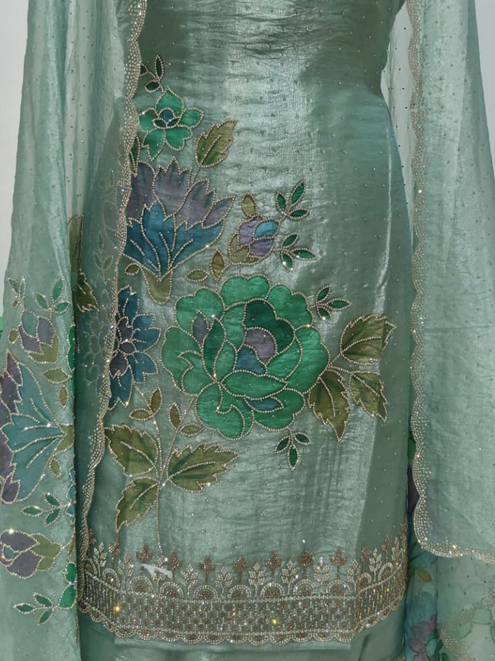 Seafoam Mint Green Glass Silk Suit with Floral Embroidery