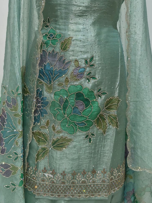 Seafoam Mint Green Glass Silk Suit with Floral Embroidery