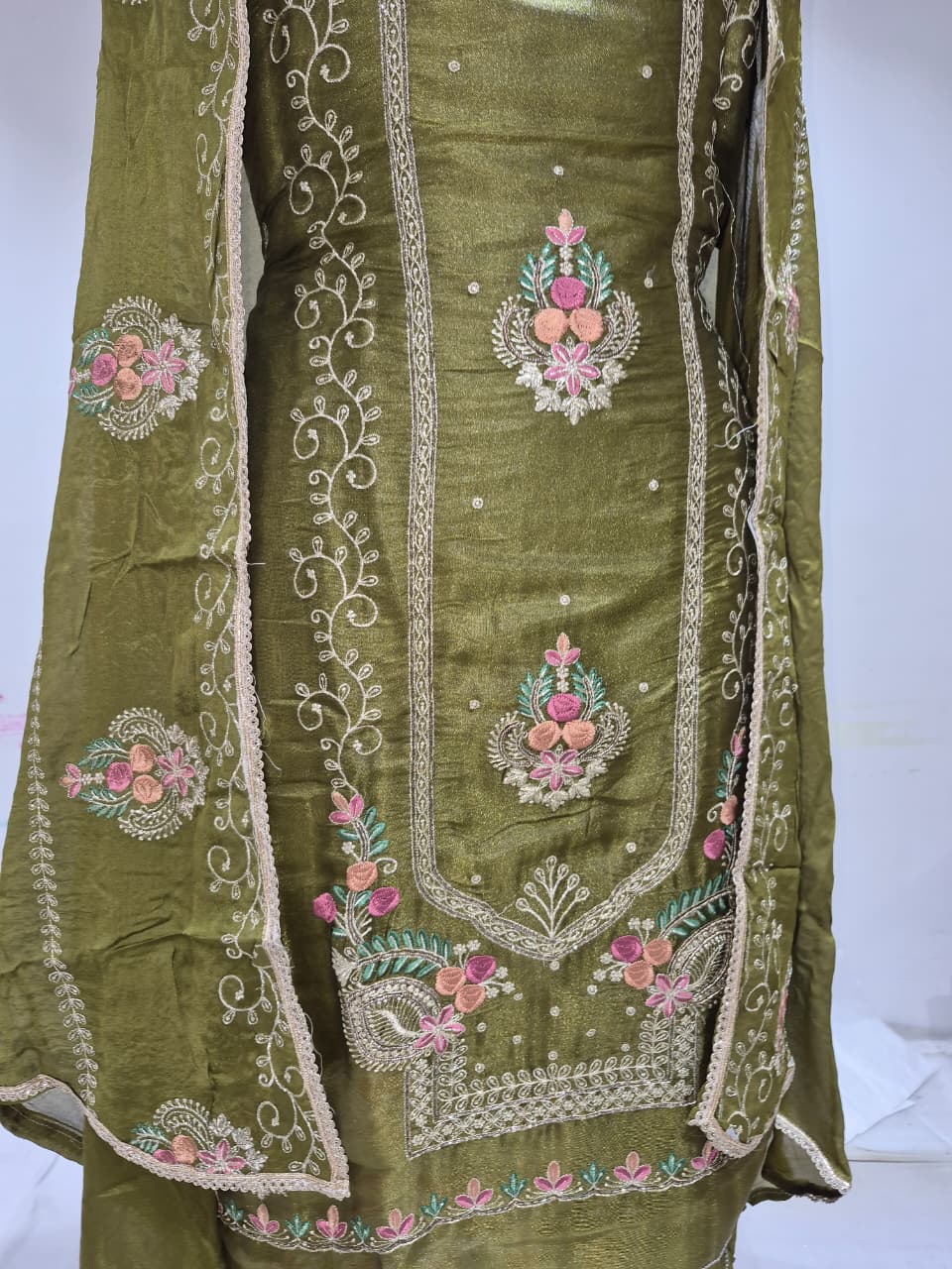 Olive Green Glass Silk Suit with Floral Embroidery