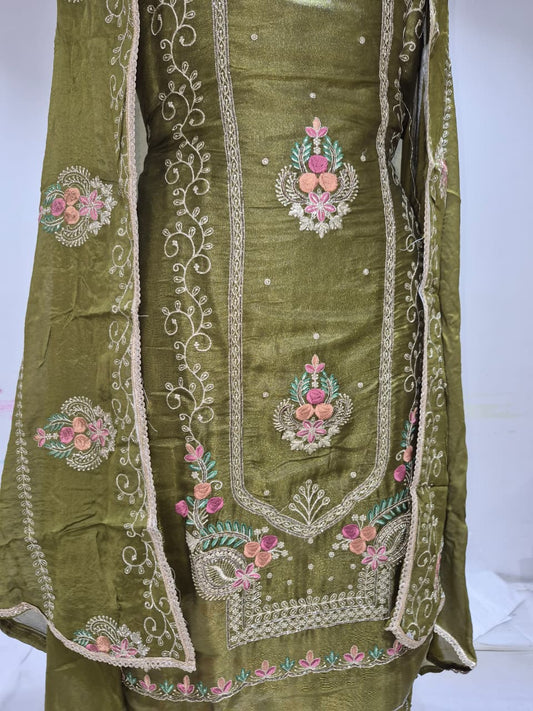 Olive Green Glass Silk Suit with Floral Embroidery