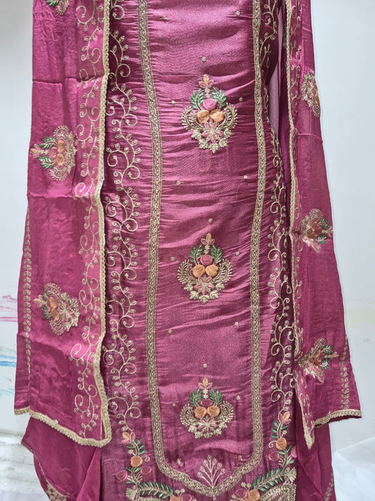 Berry Magenta Glass Silk Suit with Floral Embroidery