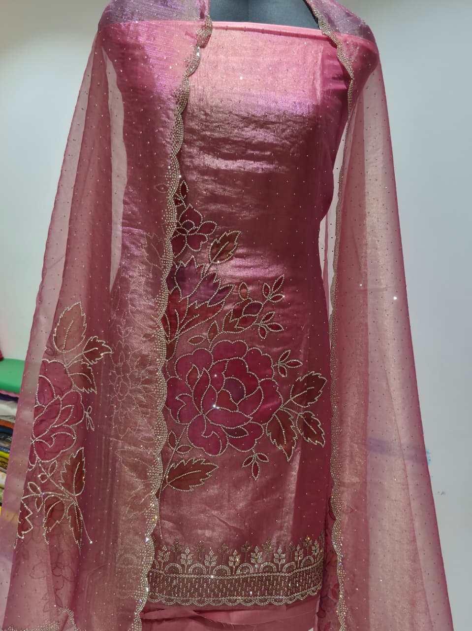 Mauve Pink Glass Silk Suit with Swarovski Work