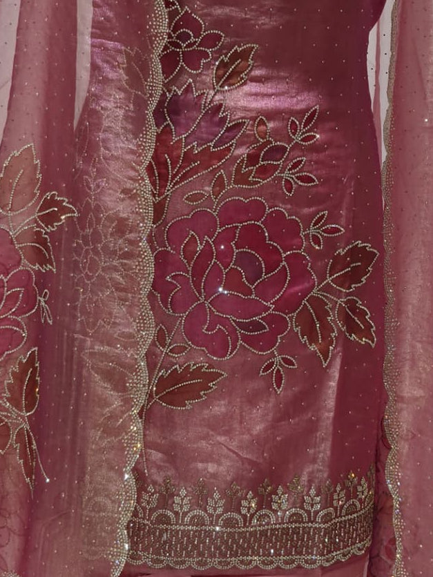 Mauve Pink Glass Silk Suit with Swarovski Work