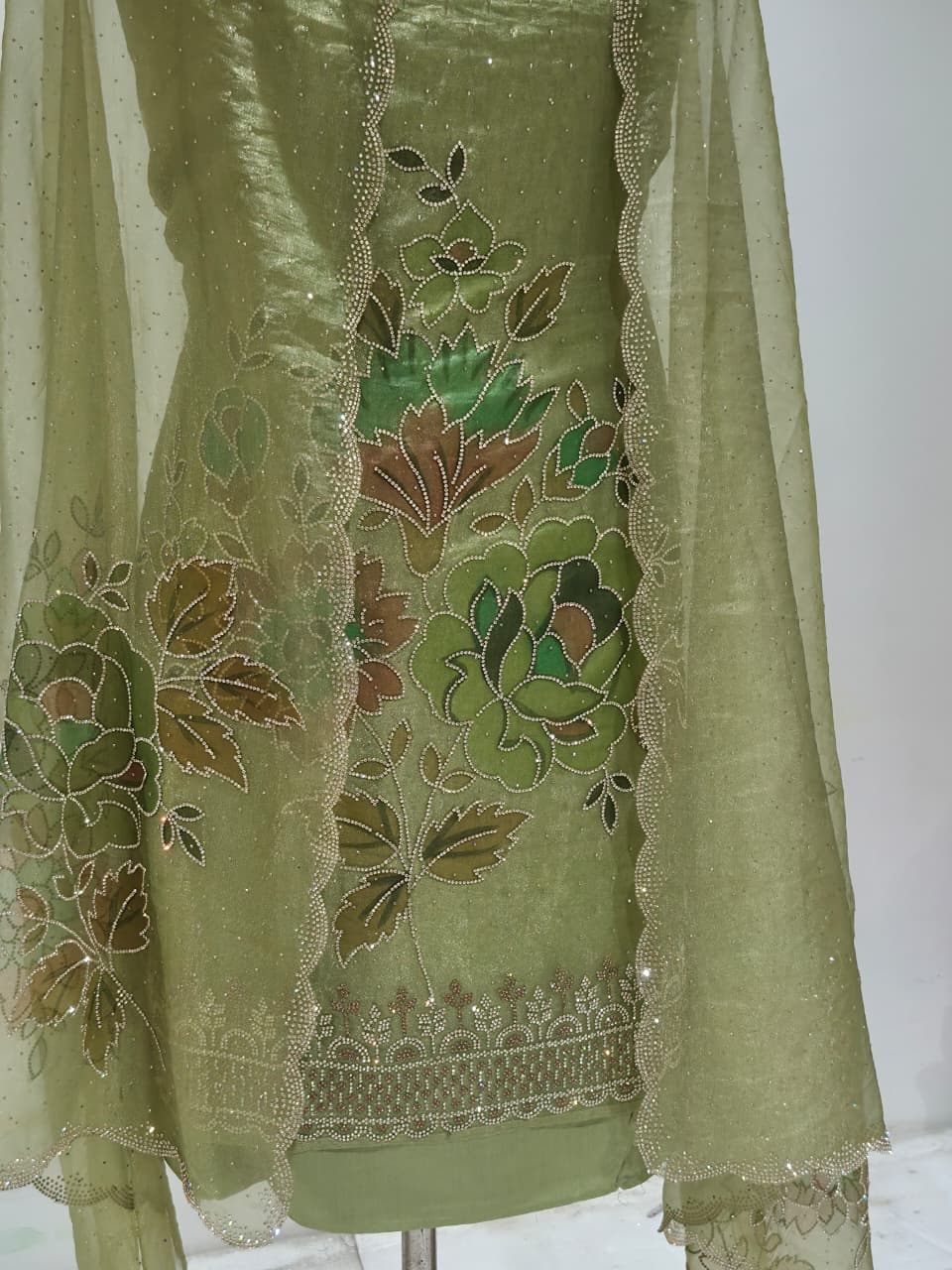 Sage Mint Green Glass Silk Suit with Swarovski Work