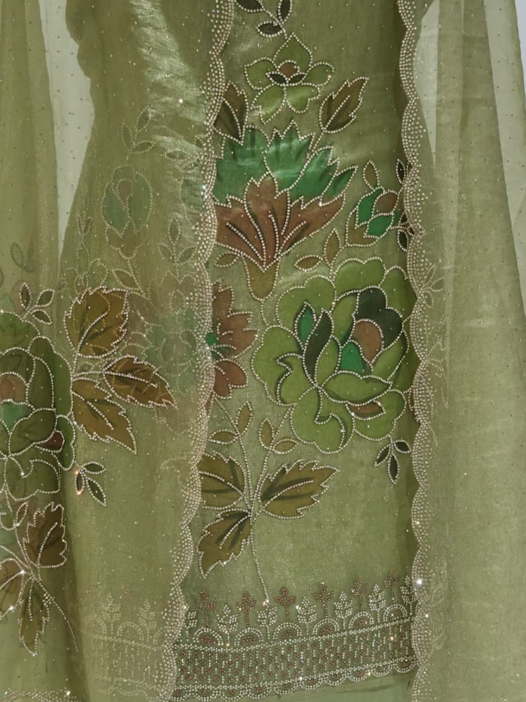 Sage Mint Green Glass Silk Suit with Swarovski Work