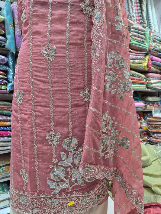 Dusty rose glass organza floral embroidery