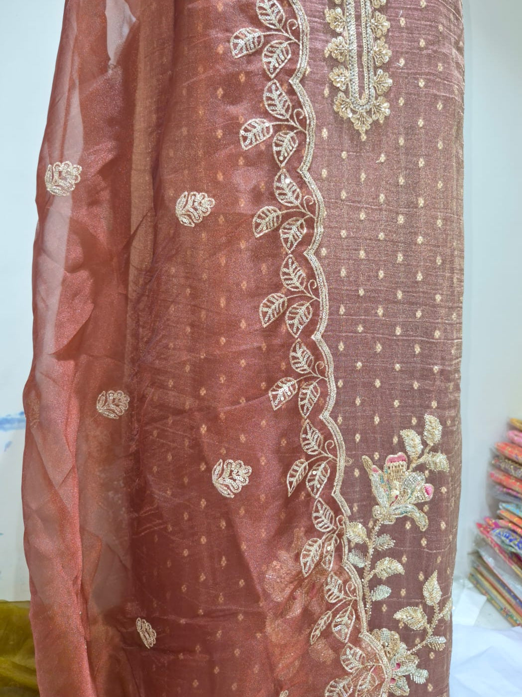 Copper Rust Banarsi Silk Suit with Embroidered Organza Dupatta