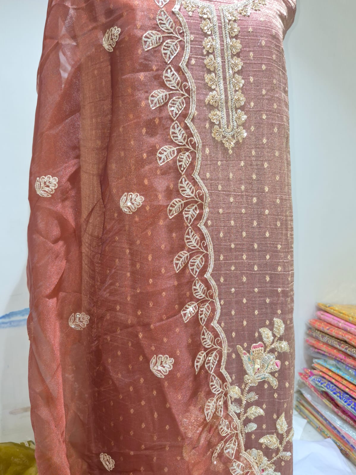 Copper Rust Banarsi Silk Suit with Embroidered Organza Dupatta