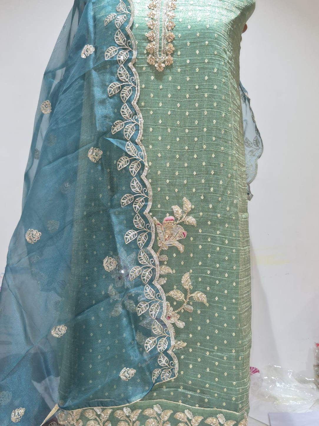 Seafoam Mint Banarsi Silk Suit with Embroidered Organza Dupatta