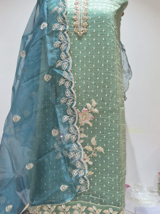 Seafoam Mint Banarsi Silk Suit with Embroidered Organza Dupatta