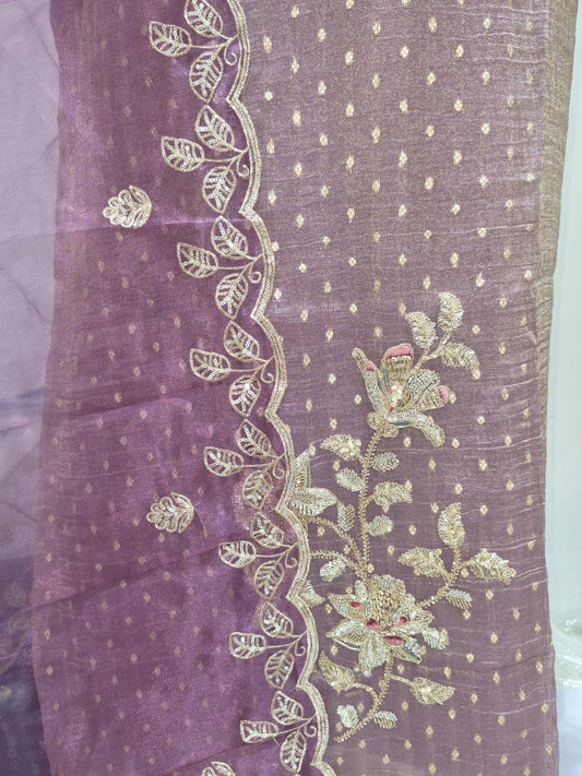 Dusty Lavender Purple Banarsi Silk Suit with Embroidered Organza Dupatta