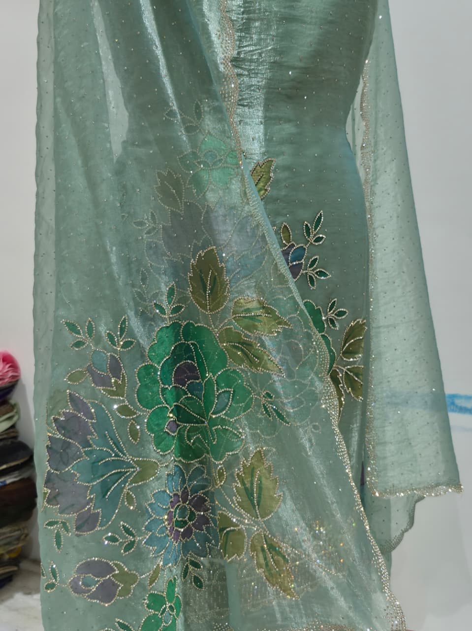 Seafoam Mint Green Glass Silk Suit with Floral Embroidery