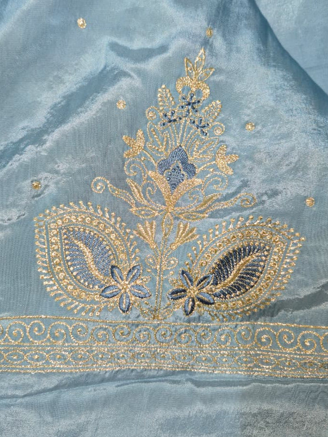 Powder Sky Blue Kheen Khwab Silk Suit with Kadhai Work