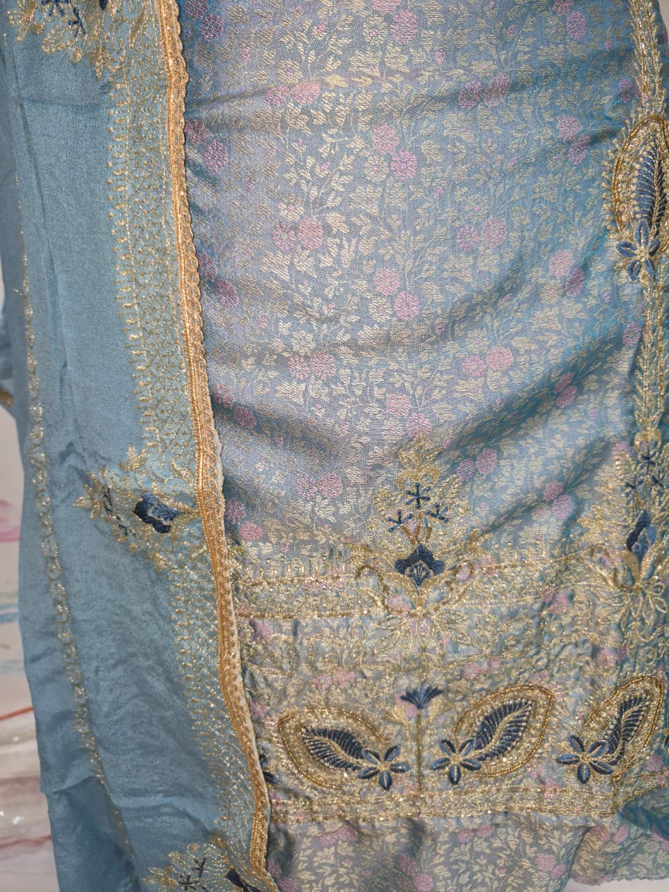 Powder Sky Blue Kheen Khwab Silk Suit with Kadhai Work