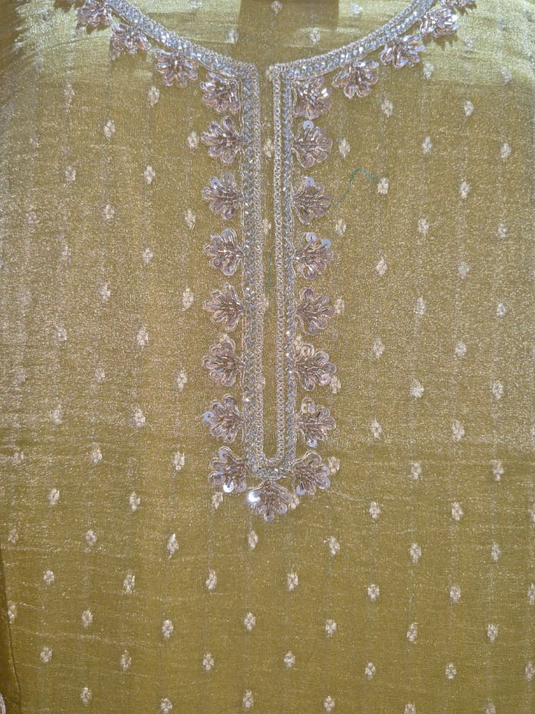 Antique Gold Yellow Banarsi Silk Suit with Embroidered Organza Dupatta