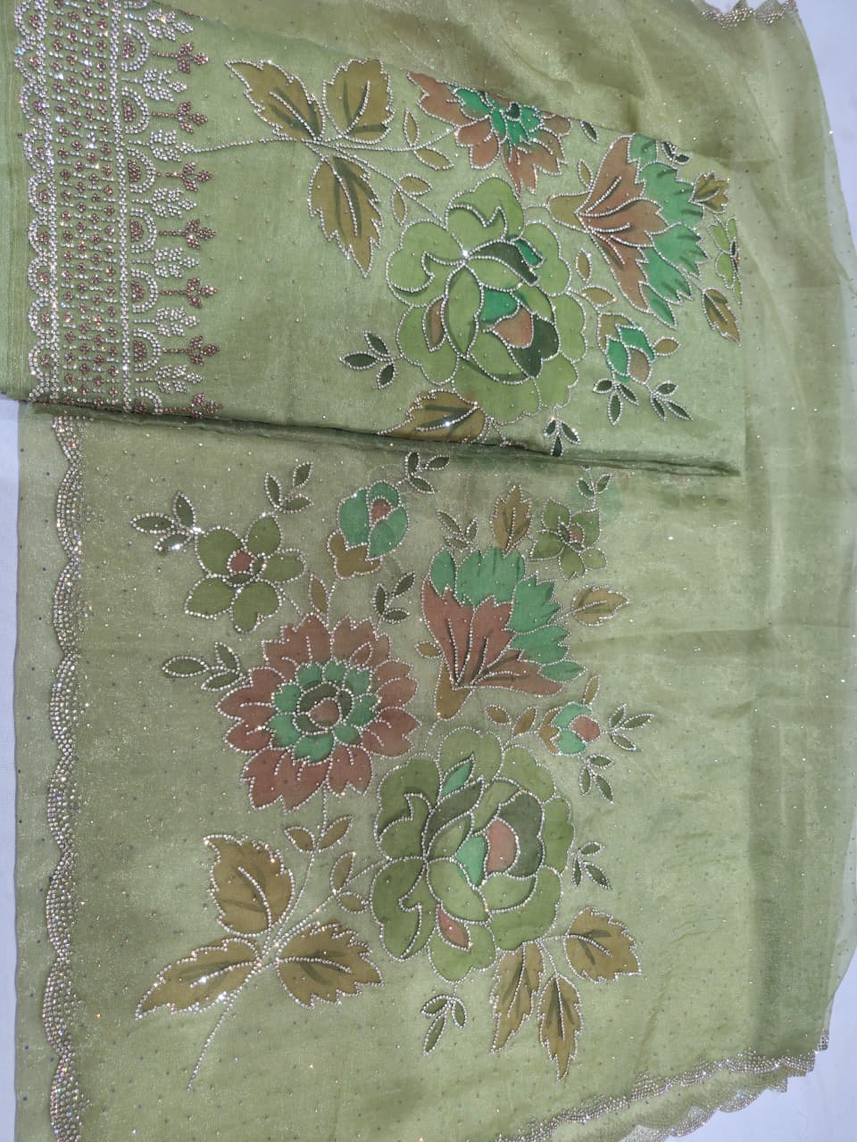 Sage Mint Green Glass Silk Suit with Swarovski Work