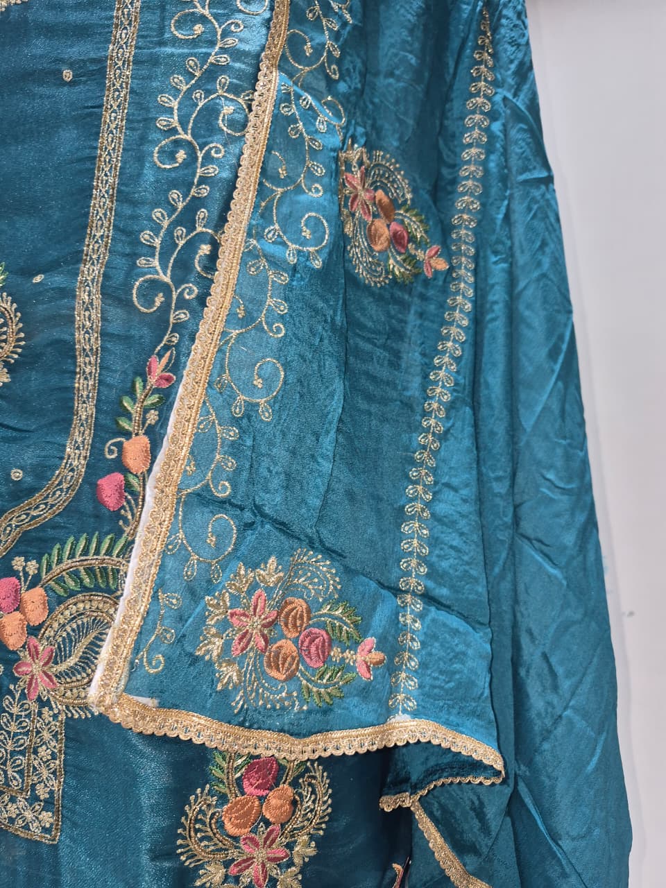 Deep Teal Blue Glass Silk Suit with Floral Embroidery