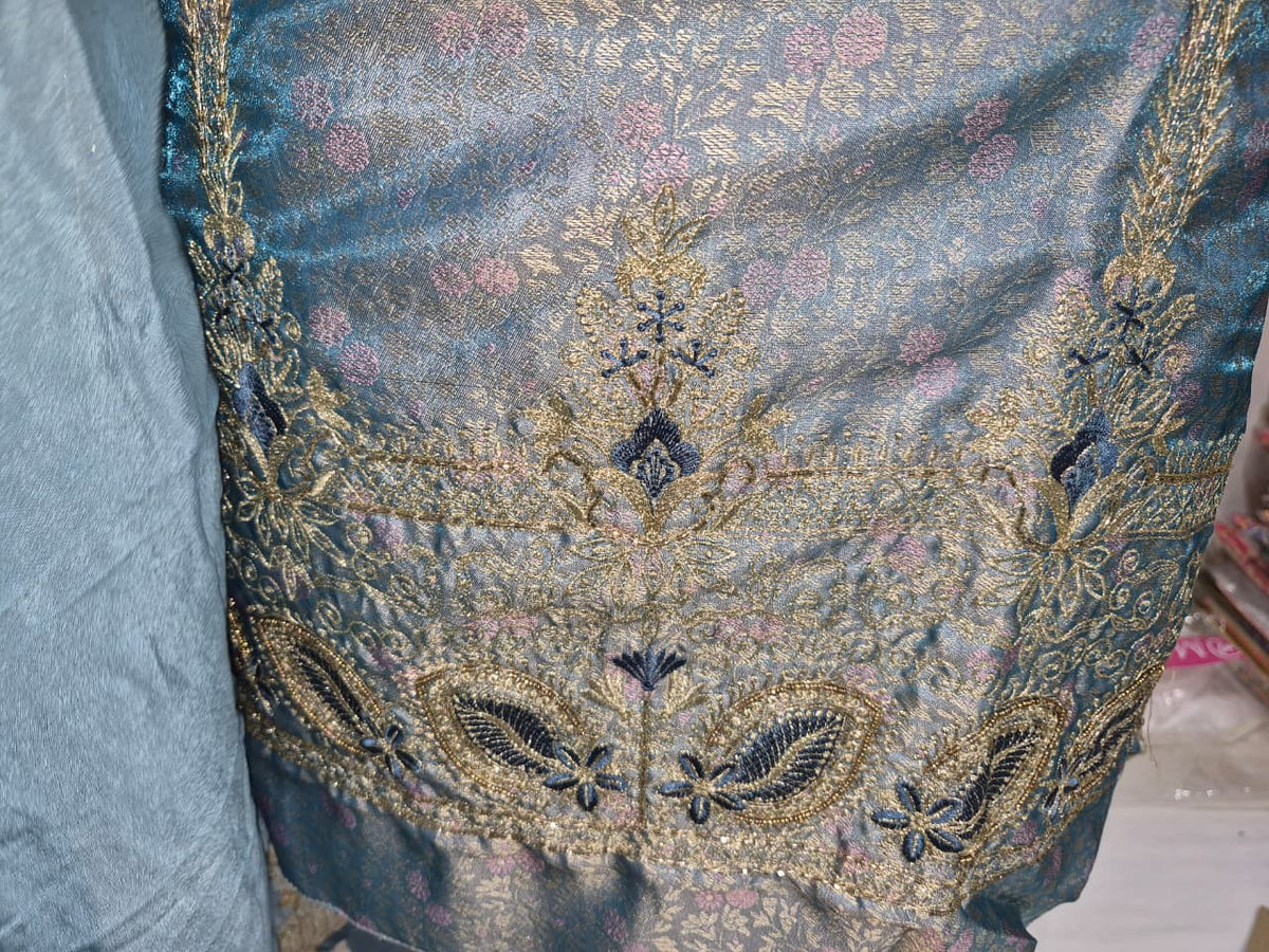 Powder Sky Blue Kheen Khwab Silk Suit with Kadhai Work