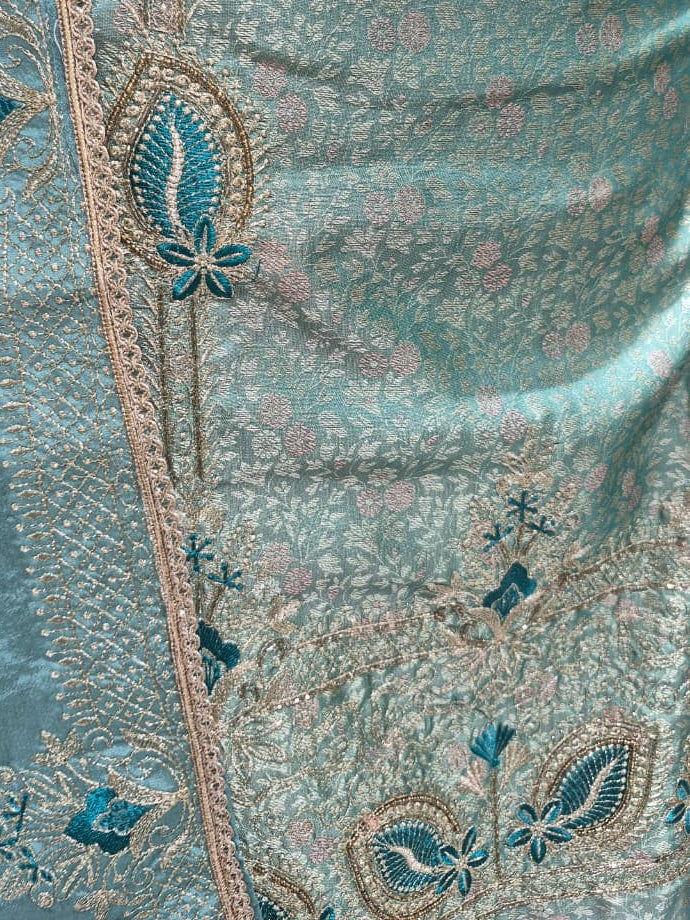 Seafoam Teal Kheen Khwab Silk Suit with Kadhai Work