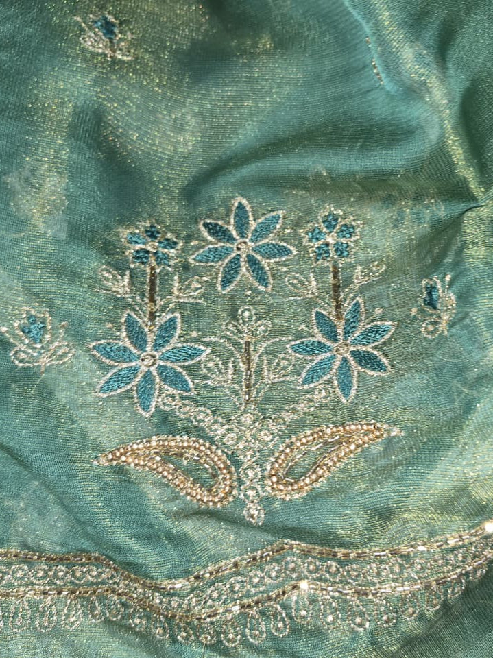 Seafoam Teal Kheen Khwab Silk Suit with Kadhai Work