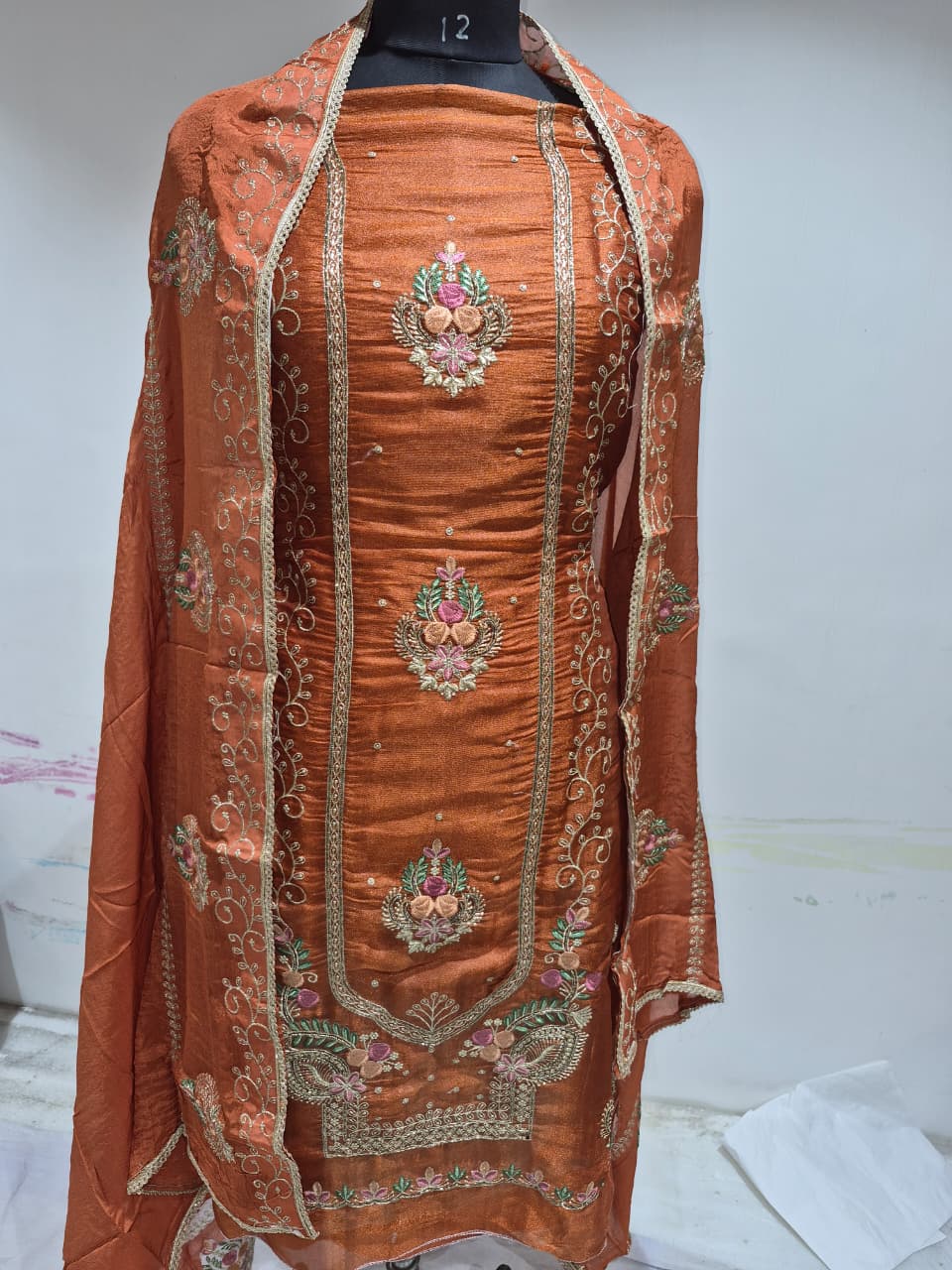 Burnt Rust Copper Glass Silk Suit with Floral Embroidery