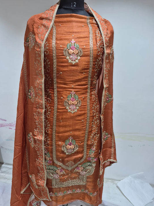 Burnt Rust Copper Glass Silk Suit with Floral Embroidery